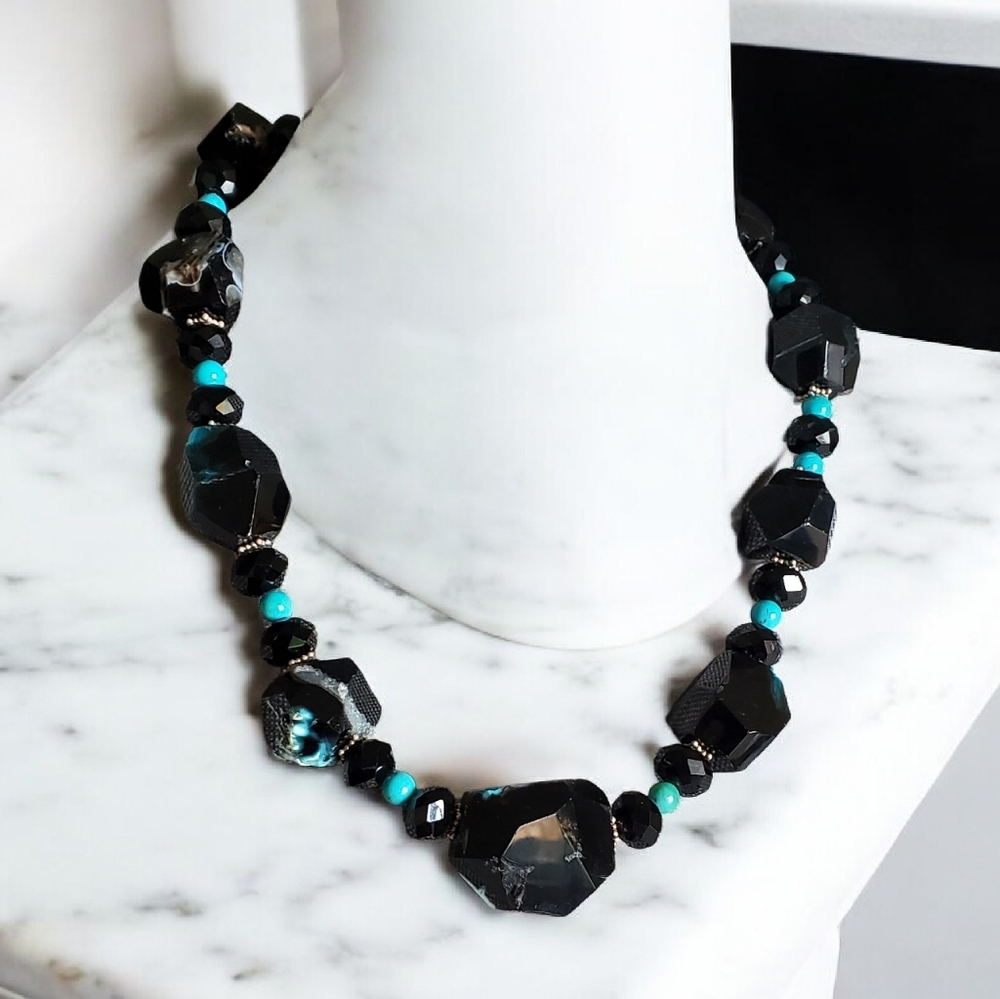 Vtg. Sterling Silver Black Chalcedony & Turquoise Necklace by Jay King